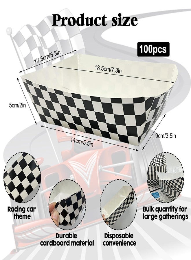 CODOHI 100 Pcs Checkered Race Car Paper Food Trays with 100 Deli Liner, Disposable Paper Food Boats Nacho Trays, Black & White Plaid Serving Tray for Snack Hot Dog for Racing Theme Baby Shower Party - Image 2