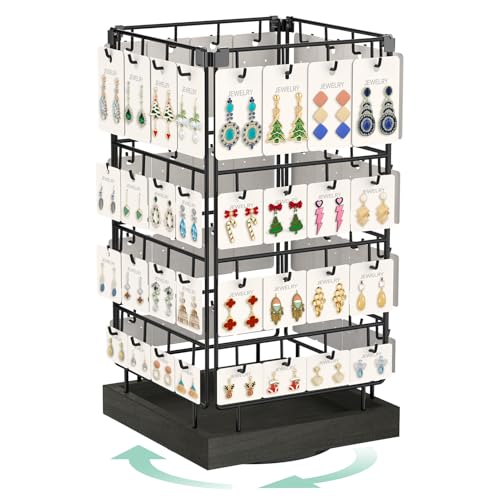 EsLukerly Rotating Earring Display Holder Stand for Vendors Events Selling Large Capacity 64 Hooks Jewelry Rack with Wooden Base for Earring Card Sales Enhances Retail Visibility
