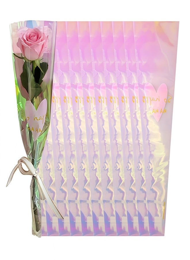 FERENLI 60 Pack 4.72x1.18x14.57 inch Holographic Flower Bouquet Wrapping Bags Clear Floral Wrapping Sleeves Heart-Shaped Printing for Wedding Father's Day Mother's Day Graduation Gift Florist Wrap(transparent - Image 1