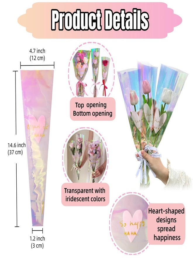 FERENLI 60 Pack 4.72x1.18x14.57 inch Holographic Flower Bouquet Wrapping Bags Clear Floral Wrapping Sleeves Heart-Shaped Printing for Wedding Father's Day Mother's Day Graduation Gift Florist Wrap(transparent - Image 2