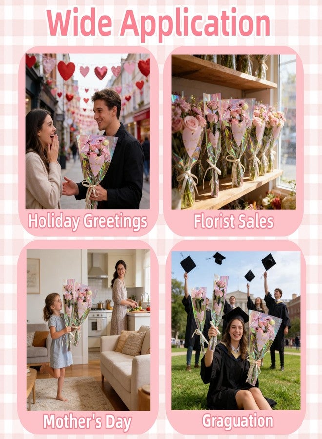 FERENLI 60 Pack 4.72x1.18x14.57 inch Holographic Flower Bouquet Wrapping Bags Clear Floral Wrapping Sleeves Heart-Shaped Printing for Wedding Father's Day Mother's Day Graduation Gift Florist Wrap(transparent - Image 4