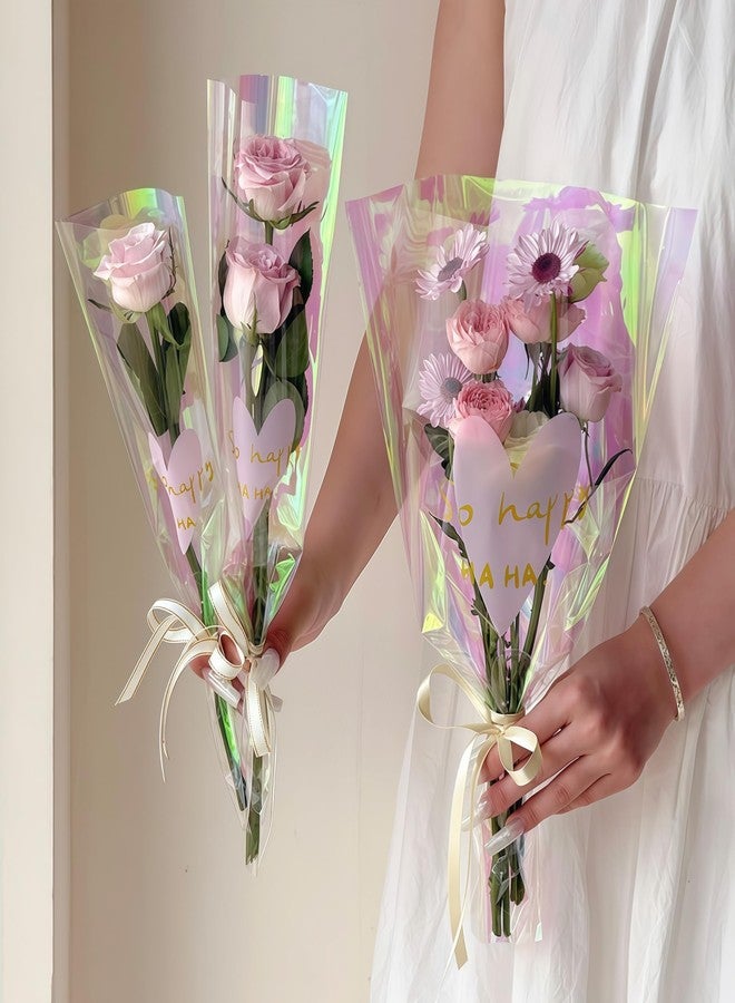 FERENLI 60 Pack 4.72x1.18x14.57 inch Holographic Flower Bouquet Wrapping Bags Clear Floral Wrapping Sleeves Heart-Shaped Printing for Wedding Father's Day Mother's Day Graduation Gift Florist Wrap(transparent - Image 5