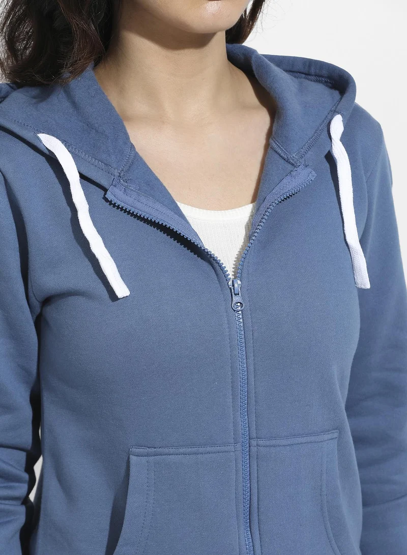 Campus Sutra Zip-Front Hoodie With Contrast Drawstring