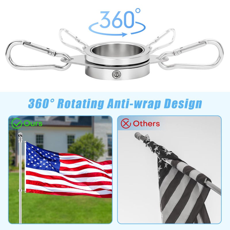 BONWIN Flag Pole Rings, 1" Spinning Flagpole Ring Clips, 2 Pcs Aluminum Alloy & Steel 360Â° Rotating Anti Wrap Flag Mounting Rings with Snap Carabiners for 0.75-1.02 Inch Diamete Flagpole (Î¦1, Silver) - Image 3