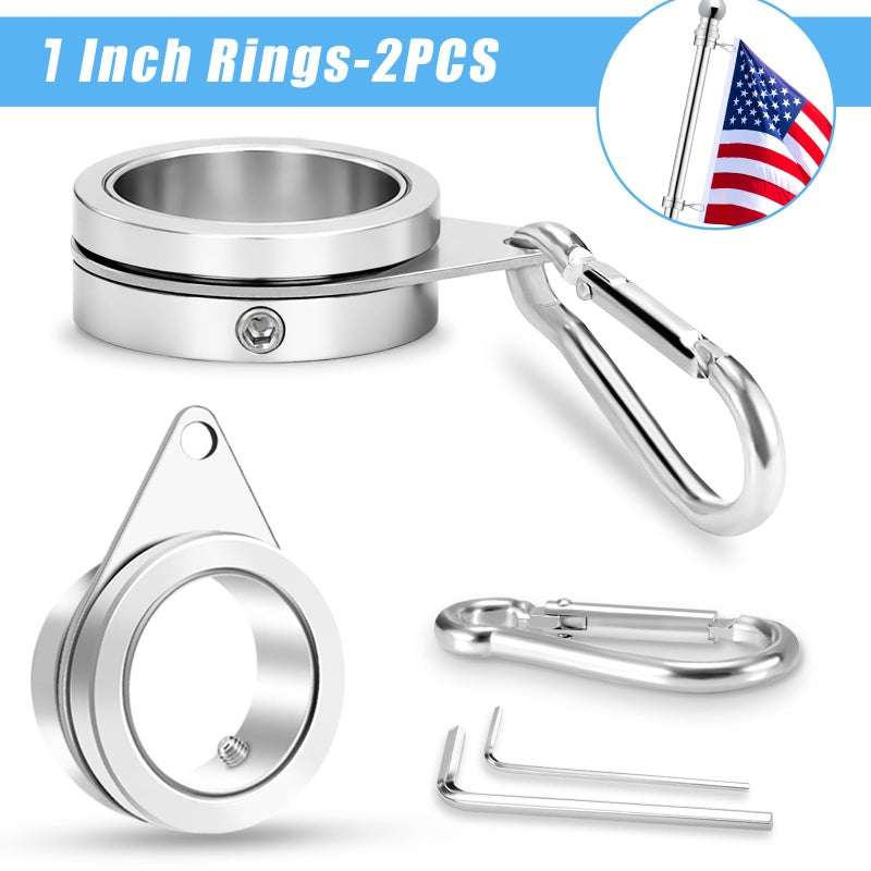 BONWIN Flag Pole Rings, 1" Spinning Flagpole Ring Clips, 2 Pcs Aluminum Alloy & Steel 360Â° Rotating Anti Wrap Flag Mounting Rings with Snap Carabiners for 0.75-1.02 Inch Diamete Flagpole (Î¦1, Silver) - Image 2