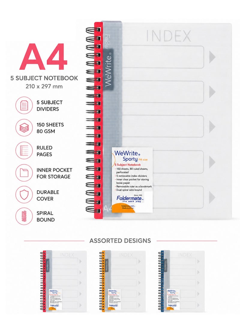 Foldermate 1-Piece A4 Size 5 Subject Lined Notebook with Index Dividers Assorted Colours - Image 1