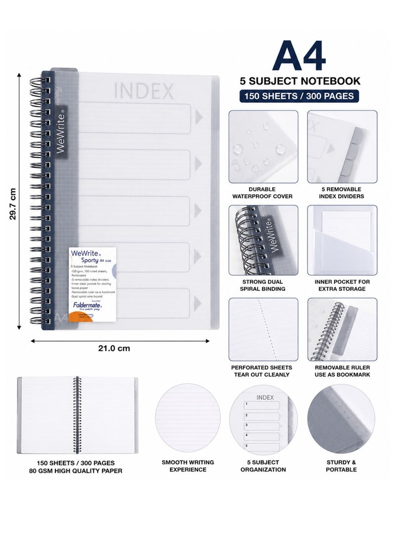 Foldermate 1-Piece A4 Size 5 Subject Lined Notebook with Index Dividers Assorted Colours - Image 2
