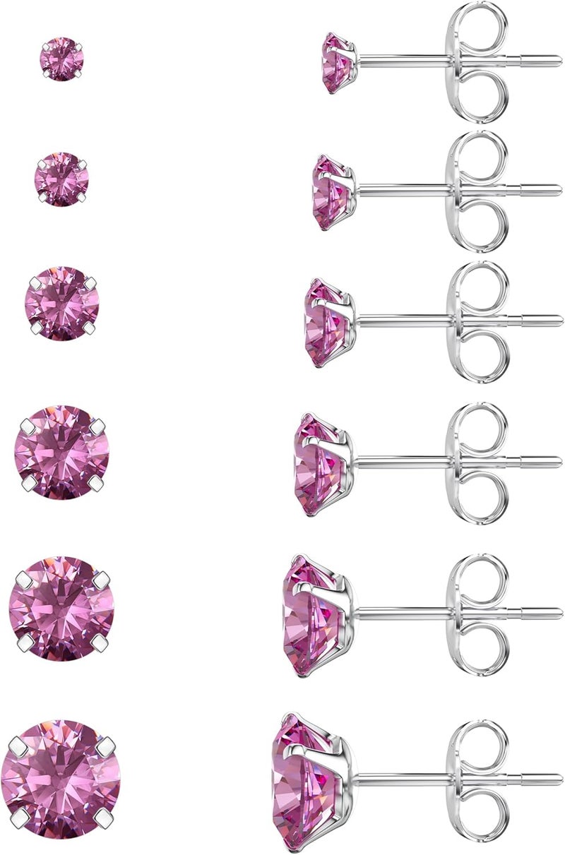 WSSXC 6 Pairs Stud Earrings Set, Hypoallergenic Cubic Zirconia 316L Earrings Stainless Steel CZ Earrings 3-8mm (Steel color) - Image 1