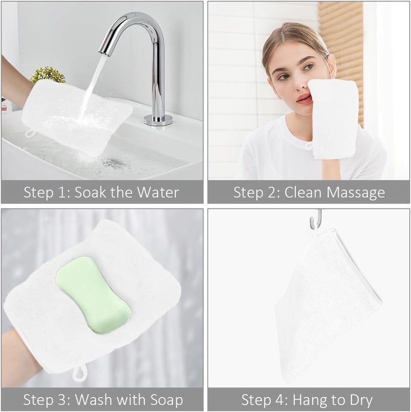 HOTUT 8 Pack Microfiber Body Wash Mitts, 15x20 cm Flannels Soft Shower Face Mitts, Face Cleansing Mitts, Soft Face Mitten, Bath SPA Cloth, Reusable Makeup Remover Mitt Gloves (White) Big & small space compatible - Image 4