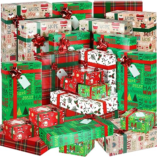 Cholemy 24 Pieces Christmas Gift Boxes with Lids and Red Bows Christmas Gift Wrap Boxes Holiday Present Box 4 Sizes Gift Boxes Shirt Box for Wrapping Xmas Holiday Present - Image 1