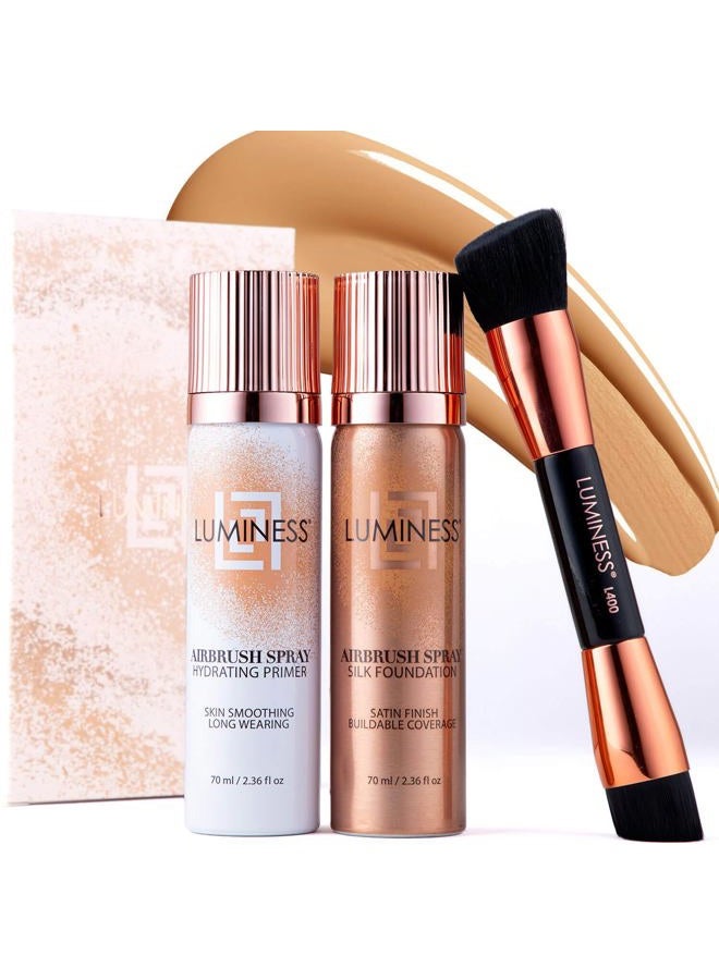 LUMINESS Airbrush Spray Silk Foundation Starter Kit - Medium - Foundation, Primer & Dual-Sided Angled Buffing Brush - Medium, Buildable Coverage, Anti-Aging Formula Hydrates & Moisturizes - Image 1