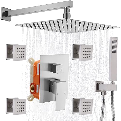 Enga Full Body Shower System with Body Sprays Jets, 12 Inch Rain Shower Wall Mounted, All Metal Multiple Shower Head System, Contain Rough-in Shower Valve, Brushed Nickel - Image 1