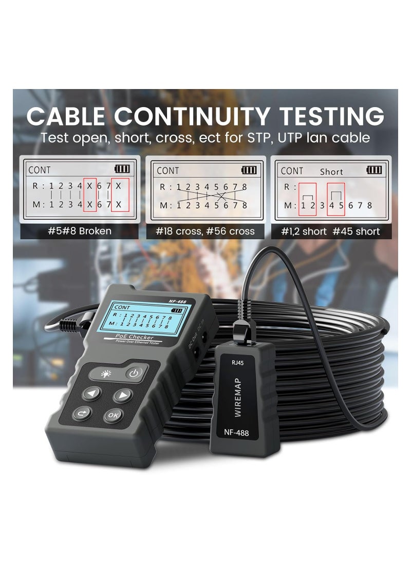SYOSI RJ45 Network Cable Tester, Multifunction Poe Ethernet Cable Tester Kit for CAT5e/CAT6/CAT6a, Network Cable Continuity Tester DC Power & Switch Loop-Back Test Poe Checker, Fault Distance Location  - Image 2