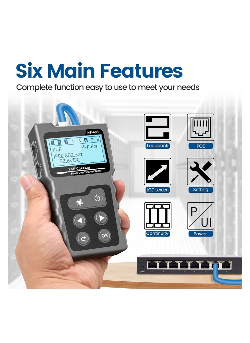 SYOSI RJ45 Network Cable Tester, Multifunction Poe Ethernet Cable Tester Kit for CAT5e/CAT6/CAT6a, Network Cable Continuity Tester DC Power & Switch Loop-Back Test Poe Checker, Fault Distance Location  - Image 3