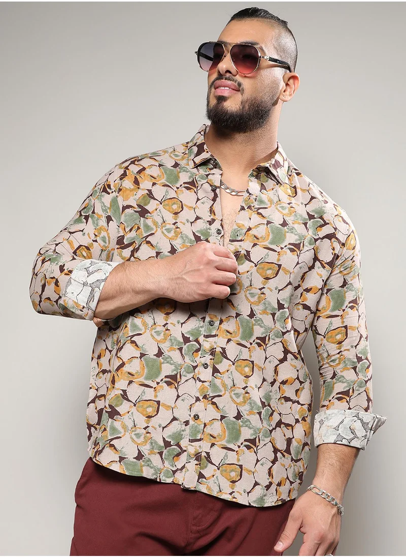 Instafab Plus Instafab Plus Men's Beige & Green Artistic Floral Cluster Shirt For Casual Wear | Spread Collar | Long Sleeve | Button Closure | Cotton Shirt Crafted With Comfort Fit For Everyday Wear