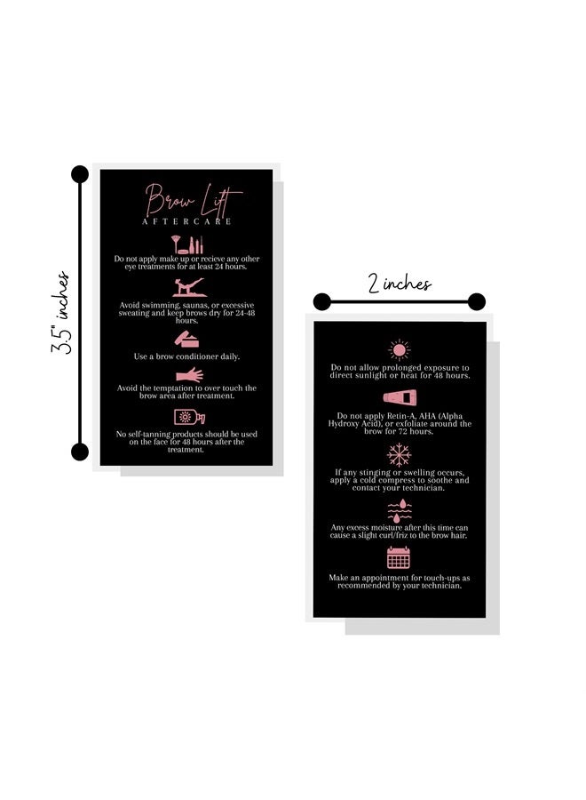 Lashicorn Brow Lift Aftercare Cards | 50 Pack | 2x3.5” inches Business Card Size | Starter Lift Kit At Home DIY Brow Lift and Tint | Black with Rosey Pink Design - Image 1
