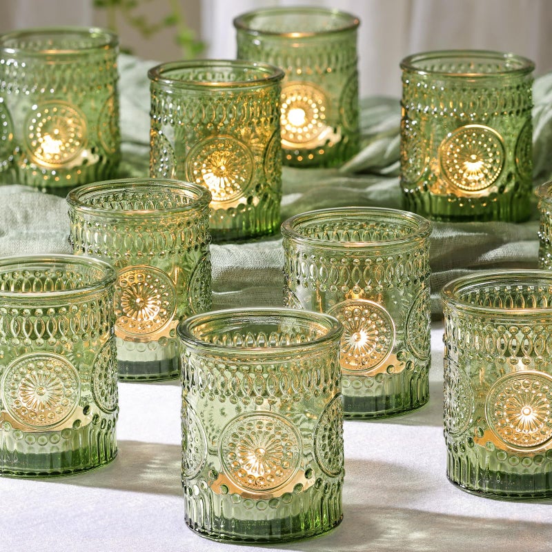 DEVI 24pcs Green Votive Candle Holders for Wedding Glass Tea Lights Candle Holder Green Baby Shower St Patricks Day Table Decor Vintage Depression Glass Candle Holders for Table Centerpiece