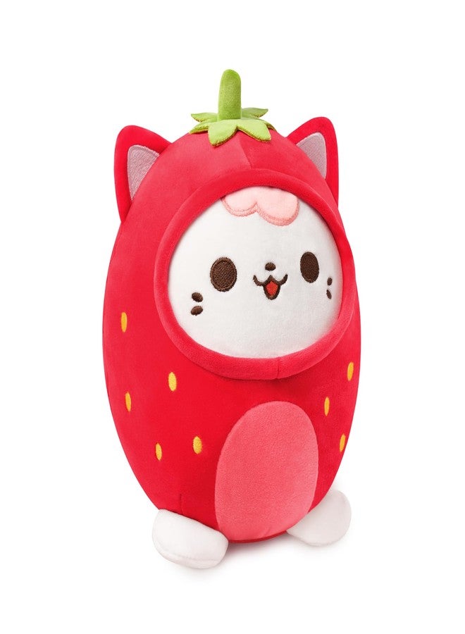 PEACH CAT Strawberry Cat Plush Pillow Cute Strawberry Kitten Stuffed Animal Cat plushie with Strawberry Outerwear for Kids Red 8" - Image 1