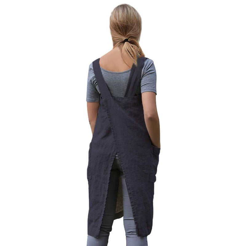 Larmliss Women 's Pinafore Square Apron Baking Cooking Gardening Works Cross Back Cotton/Linen Blend Dress with 2 Pockets Dark Gray-L - Image 4