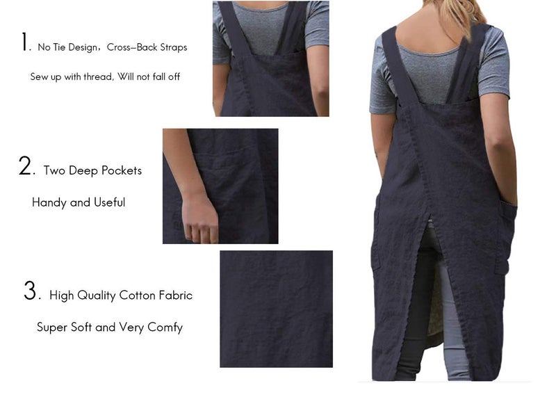 Larmliss Women 's Pinafore Square Apron Baking Cooking Gardening Works Cross Back Cotton/Linen Blend Dress with 2 Pockets Dark Gray-L - Image 3