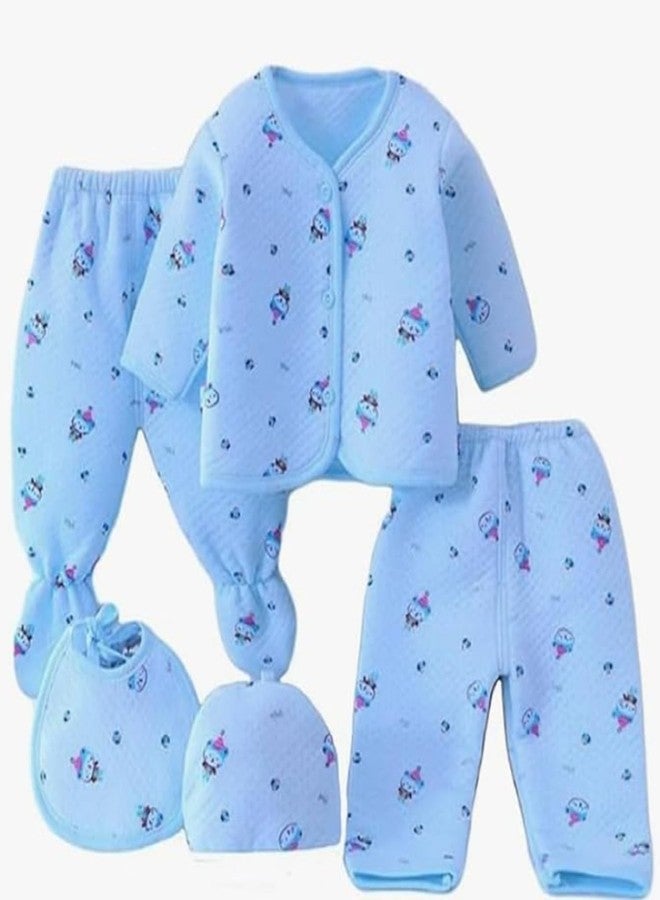 VIN® Newborn Baby Semi Winter Wear Unisex Clothing Gift Dress Set for 0-3 Months, Warm Suit, Pack of 5 Pieces |Pyjama |Legging |Vest |Bib |Cap | Newborn Gift (One Size, Blue) - Image 1