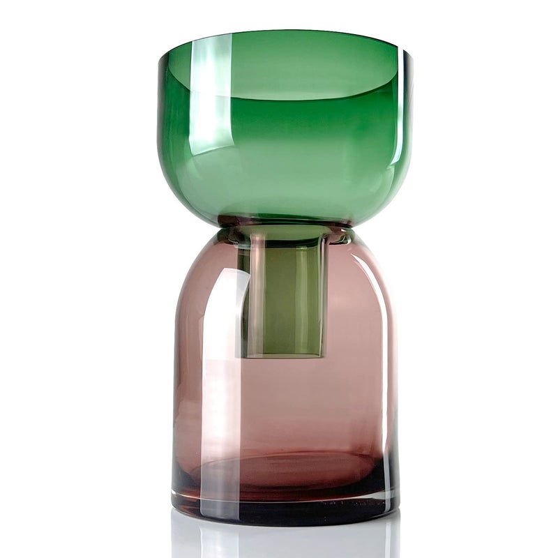 Cloudnola Large Reversible Glass Flower Vase and Bud Vase, Green and Pink, 9.5" Height x 5.6" Dia, Home, Wedding, and Event Decor - Image 1