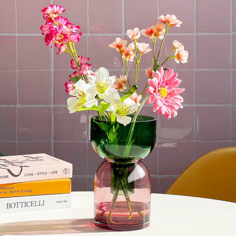 Cloudnola Large Reversible Glass Flower Vase and Bud Vase, Green and Pink, 9.5" Height x 5.6" Dia, Home, Wedding, and Event Decor - Image 3