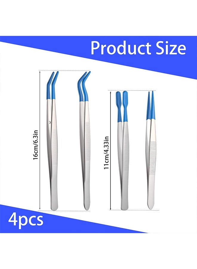 4PCS Blue Tweezers with Rubber Tips, PVC Coated Metal Tweezers with Flat|Round|Straight|Bent Tips, Precision Piercing Removal Tweezer for Crafting Stamp Collecting Jewelry Bead - Image 3