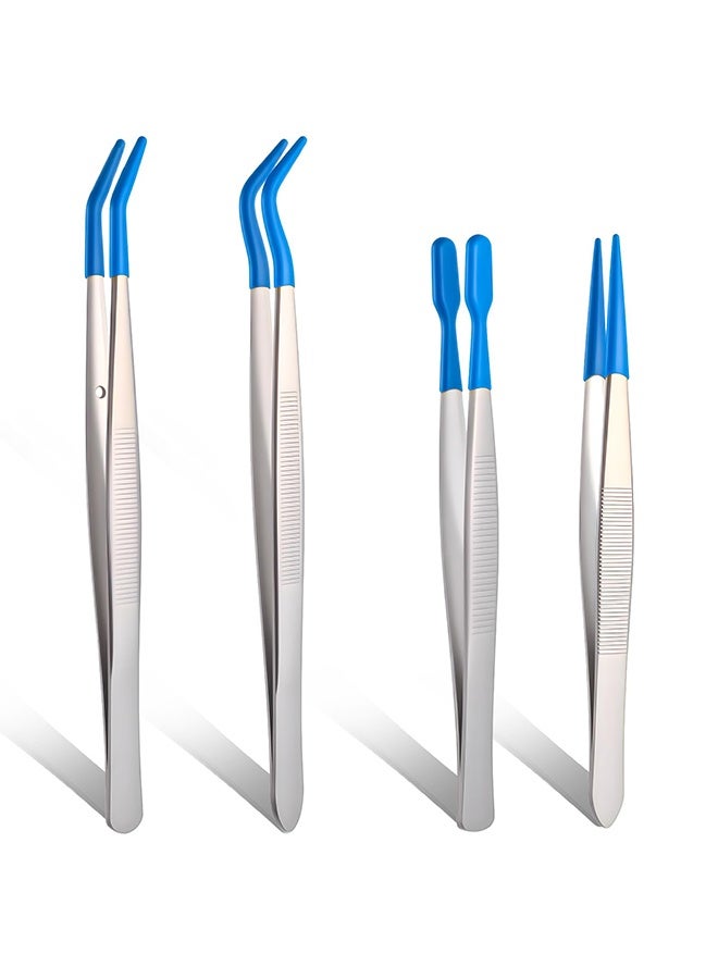 4PCS Blue Tweezers with Rubber Tips, PVC Coated Metal Tweezers with Flat|Round|Straight|Bent Tips, Precision Piercing Removal Tweezer for Crafting Stamp Collecting Jewelry Bead - Image 1