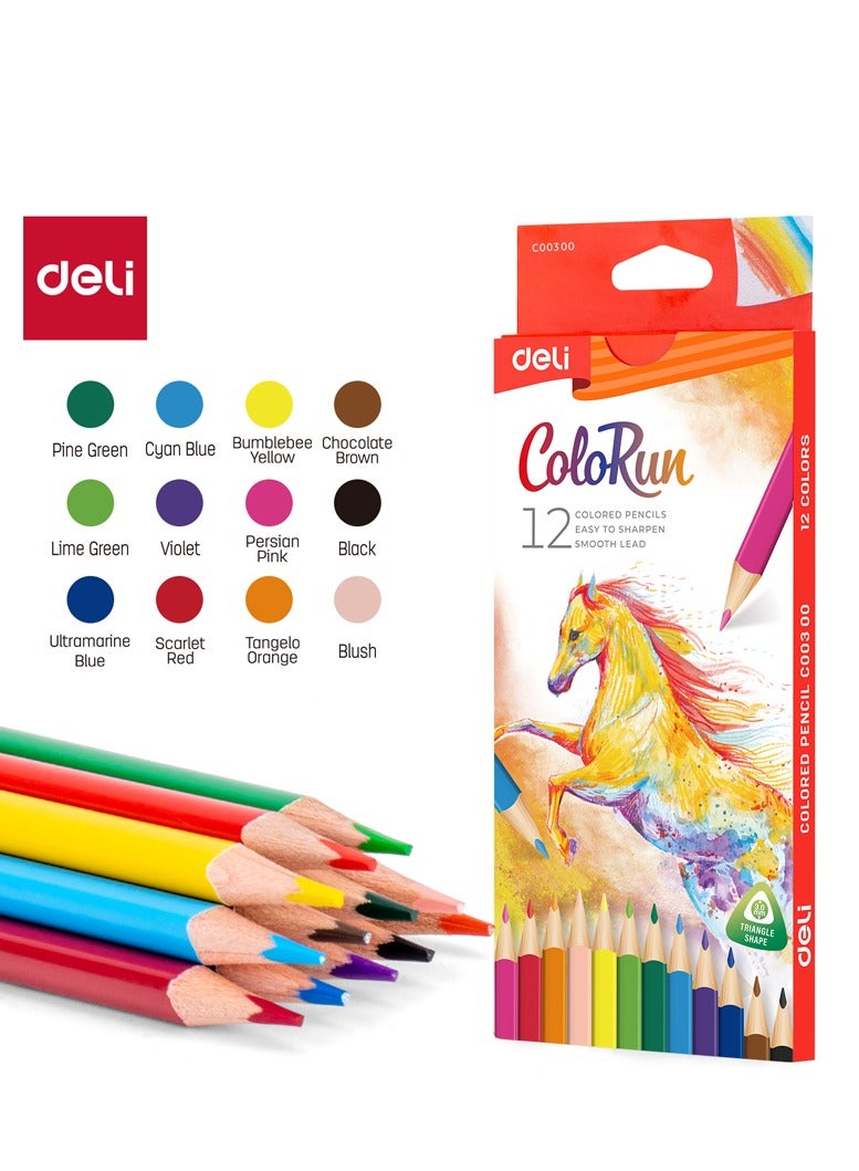 Deli أقلام تلوين مثلثة من خشب الباسود دلي EC00300 COLORUN، 12 لون، تلوين سلس، سهل الشحذ - Image 1