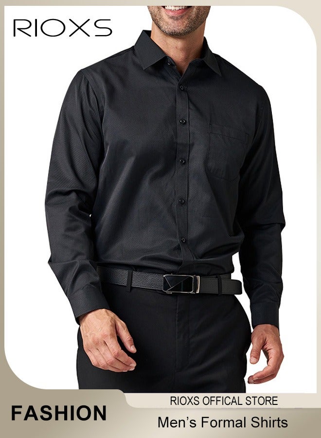 ريوكس قميص رجالي طويل الأكمام، قميص عمل رسمي ضيق بزر للرجال، قميص عمل أحادي اللون بأكمام فرنسية وجيب، قميص رجالي مريح ومسامي للسهرات الرسمية وحفلات الزفاف أو اجتماعات العمل، أسود - Image 1