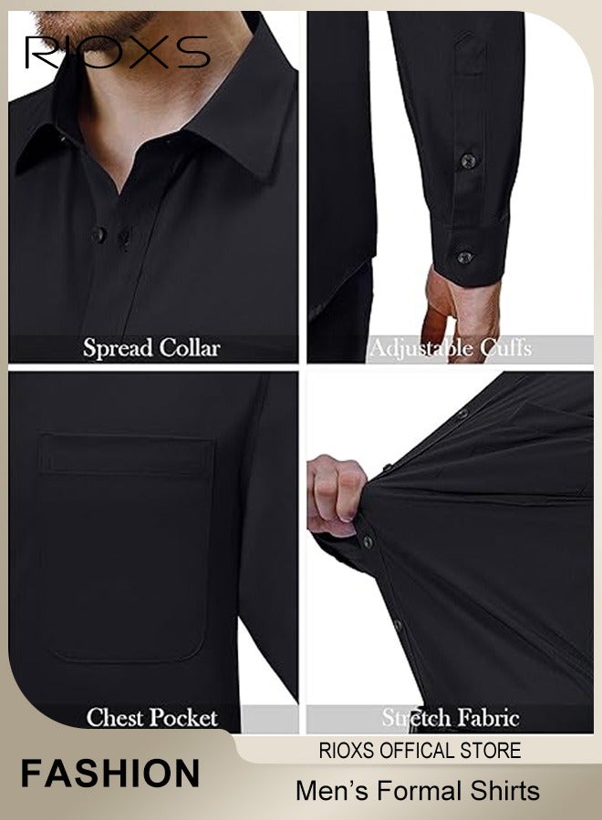 ريوكس قميص رجالي طويل الأكمام، قميص عمل رسمي ضيق بزر للرجال، قميص عمل أحادي اللون بأكمام فرنسية وجيب، قميص رجالي مريح ومسامي للسهرات الرسمية وحفلات الزفاف أو اجتماعات العمل، أسود - Image 5