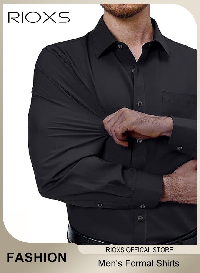 ريوكس قميص رجالي طويل الأكمام، قميص عمل رسمي ضيق بزر للرجال، قميص عمل أحادي اللون بأكمام فرنسية وجيب، قميص رجالي مريح ومسامي للسهرات الرسمية وحفلات الزفاف أو اجتماعات العمل، أسود - Image 4