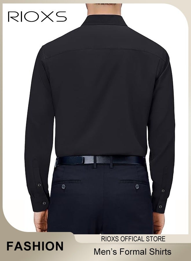 ريوكس قميص رجالي طويل الأكمام، قميص عمل رسمي ضيق بزر للرجال، قميص عمل أحادي اللون بأكمام فرنسية وجيب، قميص رجالي مريح ومسامي للسهرات الرسمية وحفلات الزفاف أو اجتماعات العمل، أسود - Image 2