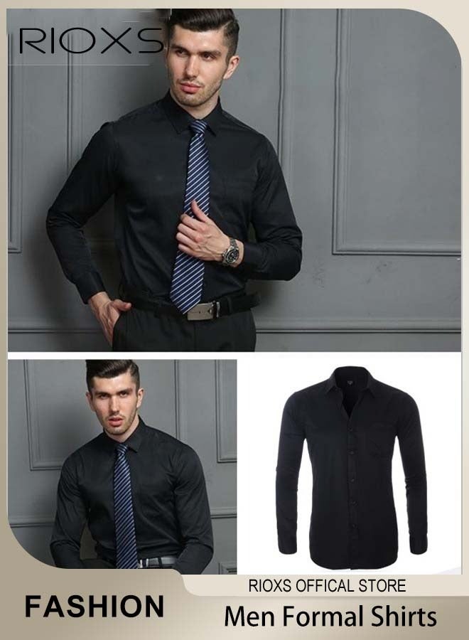 ريوكس قميص رجالي طويل الأكمام، قميص عمل رسمي ضيق بزر للرجال، قميص عمل أحادي اللون بأكمام فرنسية وجيب، قميص رجالي مريح ومسامي للسهرات الرسمية وحفلات الزفاف أو اجتماعات العمل، أسود - Image 3