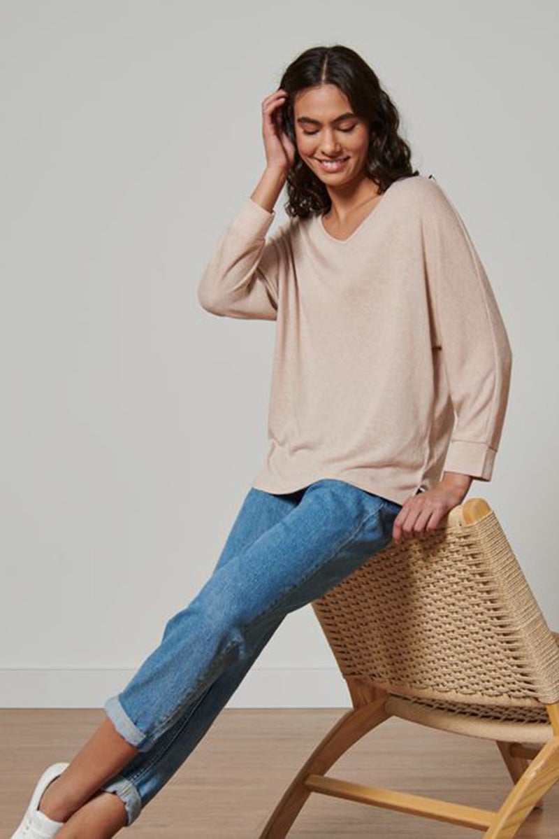 Tchibo Women V-Neck Batwing Sleeve Textured Blouse, Oatmeal Beige - Image 1