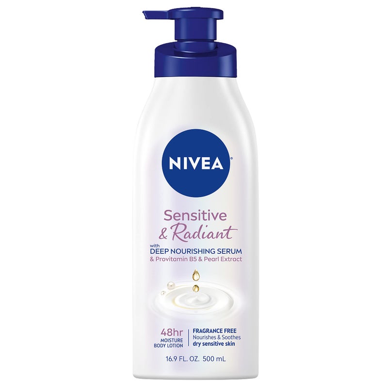 Nivea لوشن الجسم نيفيا للبشرة الحساسة والمشرقة، لوشن للجسم بدون رائحة مع تركيبة مضادة للحساسية، زجاجة مضخة سعة 16.9 أونصة سائلة - Image 1
