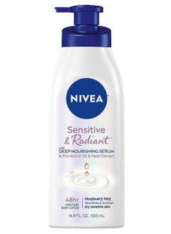 NIVEA Sensitive and Radiant Body Lotion for Sensitive Skin, Unscented Body Lotion With Hypoallergenic Formula, 16.9 Fl Oz Pump Bottle
