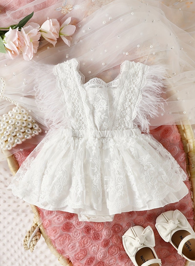 Baby Girl Feather Lace Romper – Newborn Baby Clothes, Baby Gift Set, Elegant Baby Shower Gift, White, 70cm (3-6M) - Image 1