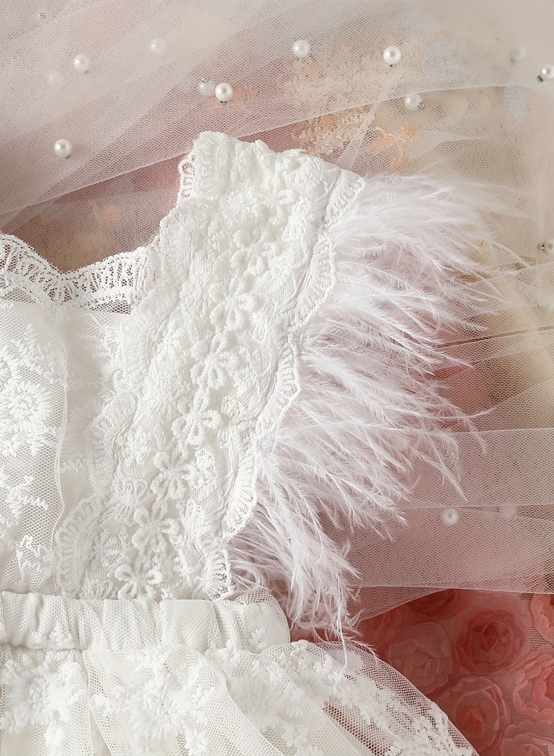 Baby Girl Feather Lace Romper – Newborn Baby Clothes, Baby Gift Set, Elegant Baby Shower Gift, White, 70cm (3-6M)