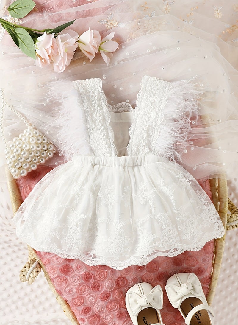 Baby Girl Feather Lace Romper – Newborn Baby Clothes, Baby Gift Set, Elegant Baby Shower Gift, White, 70cm (3-6M) - Image 2