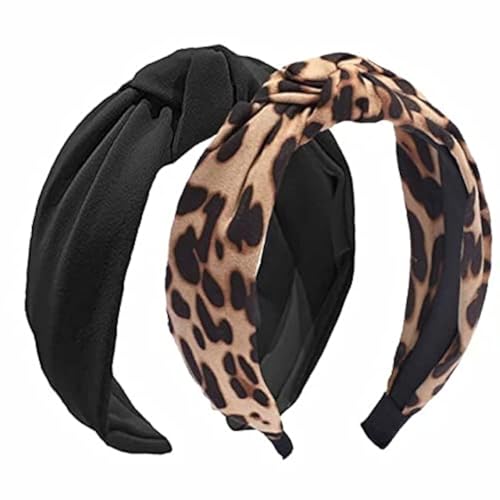 Etercycle 2PCS Headbands for Women Bow Knotted Wide Headband Yoga Hair Band Fashion Elastic Hair Accessories for Women Black Leopard