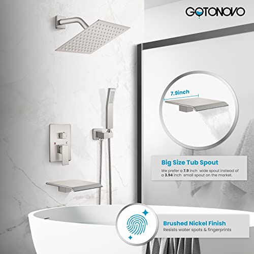 gotonovo Rain Shower Faucet System Set Rainfall Shower Head with Handheld Sprayer Waterfall Tub Spout Wall Mounted Mixer Combo Rough-in Valve and Trim Included 8 Inch Showerhead Brushed Nickel - Image 2