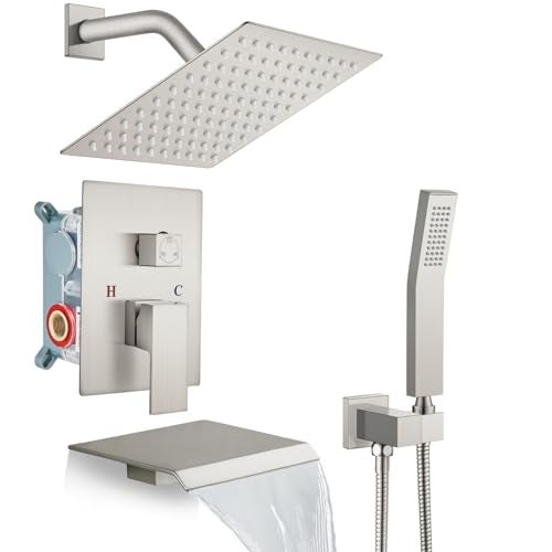 gotonovo Rain Shower Faucet System Set Rainfall Shower Head with Handheld Sprayer Waterfall Tub Spout Wall Mounted Mixer Combo Rough-in Valve and Trim Included 8 Inch Showerhead Brushed Nickel - Image 1