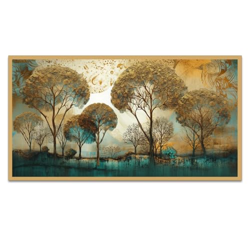 DEKORSTATION Abstract Gold and Blue Tree Landscape Floating Frame Landscape Canvas Wall Painting for Wall Decoration For Living Room Bedroom Office Decor (24 Inch L x 12 Inch H) - Image 2