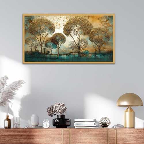 DEKORSTATION Abstract Gold and Blue Tree Landscape Floating Frame Landscape Canvas Wall Painting for Wall Decoration For Living Room Bedroom Office Decor (24 Inch L x 12 Inch H) - Image 1