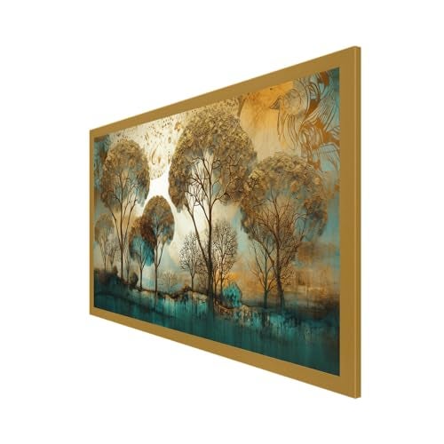 DEKORSTATION Abstract Gold and Blue Tree Landscape Floating Frame Landscape Canvas Wall Painting for Wall Decoration For Living Room Bedroom Office Decor (24 Inch L x 12 Inch H) - Image 3