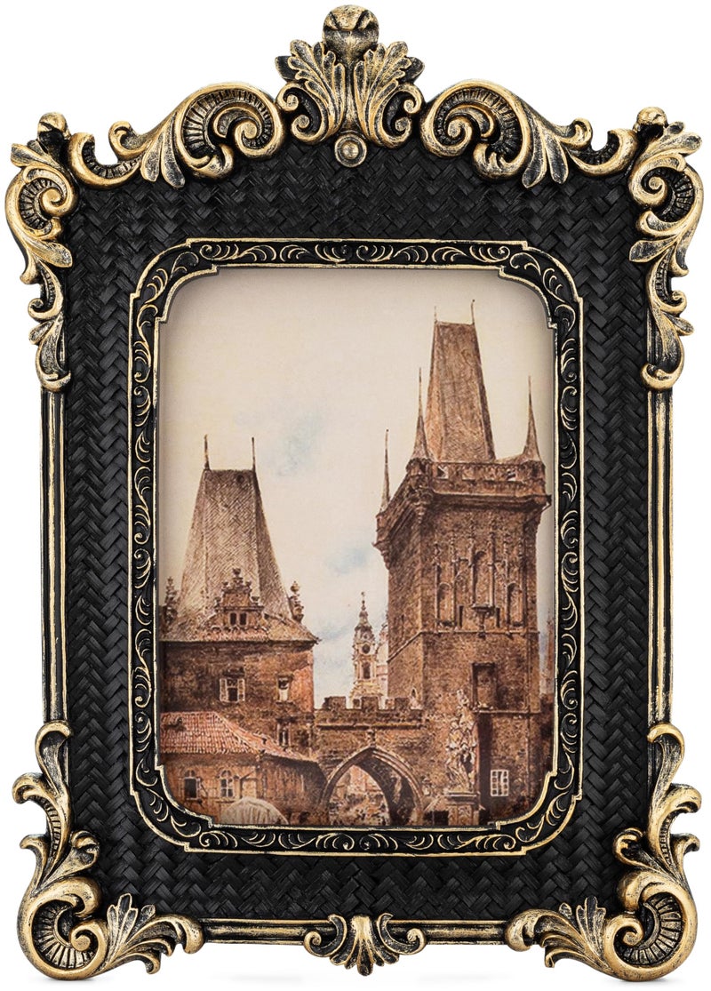 Olden Days 5x7 Picture Frame - Gothic Vintage European Design, Antique Baroque Style Photo Frame for Wall Hanging, Tabletop Display, and Home Decor (Black) - Image 1