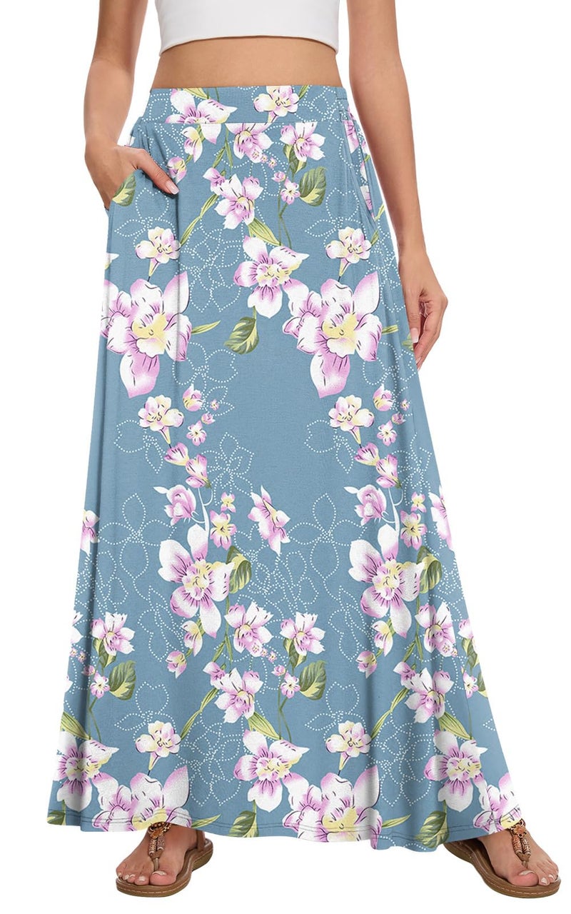 Leafsay Womens Maxi A-line Long Summer Skirt Elastic High Waist Flowy Skirt with Pockets(Gray-Blue,M) - Image 1