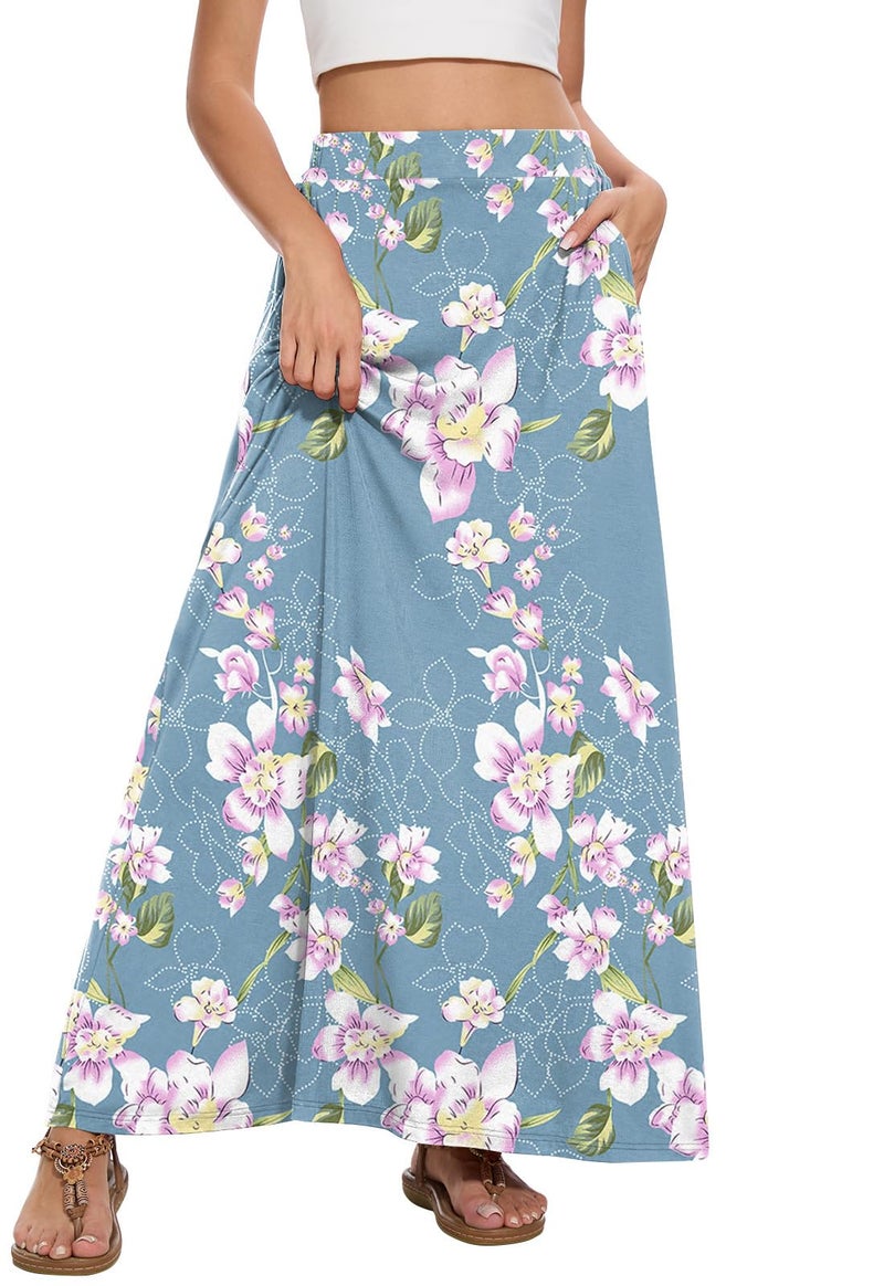 Leafsay Womens Maxi A-line Long Summer Skirt Elastic High Waist Flowy Skirt with Pockets(Gray-Blue,M) - Image 2